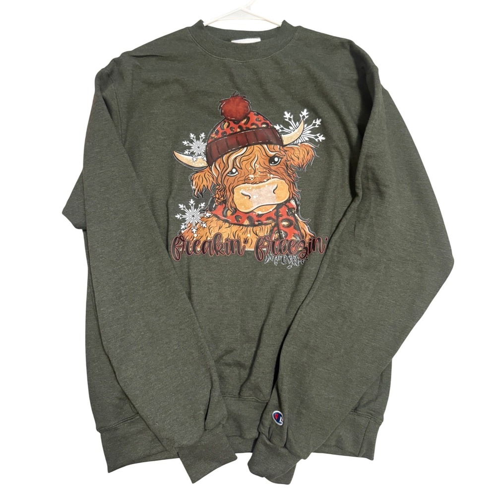 Champion Sweatshirt Womens Medium Green Excellent Highland Cow Freakin Freezin